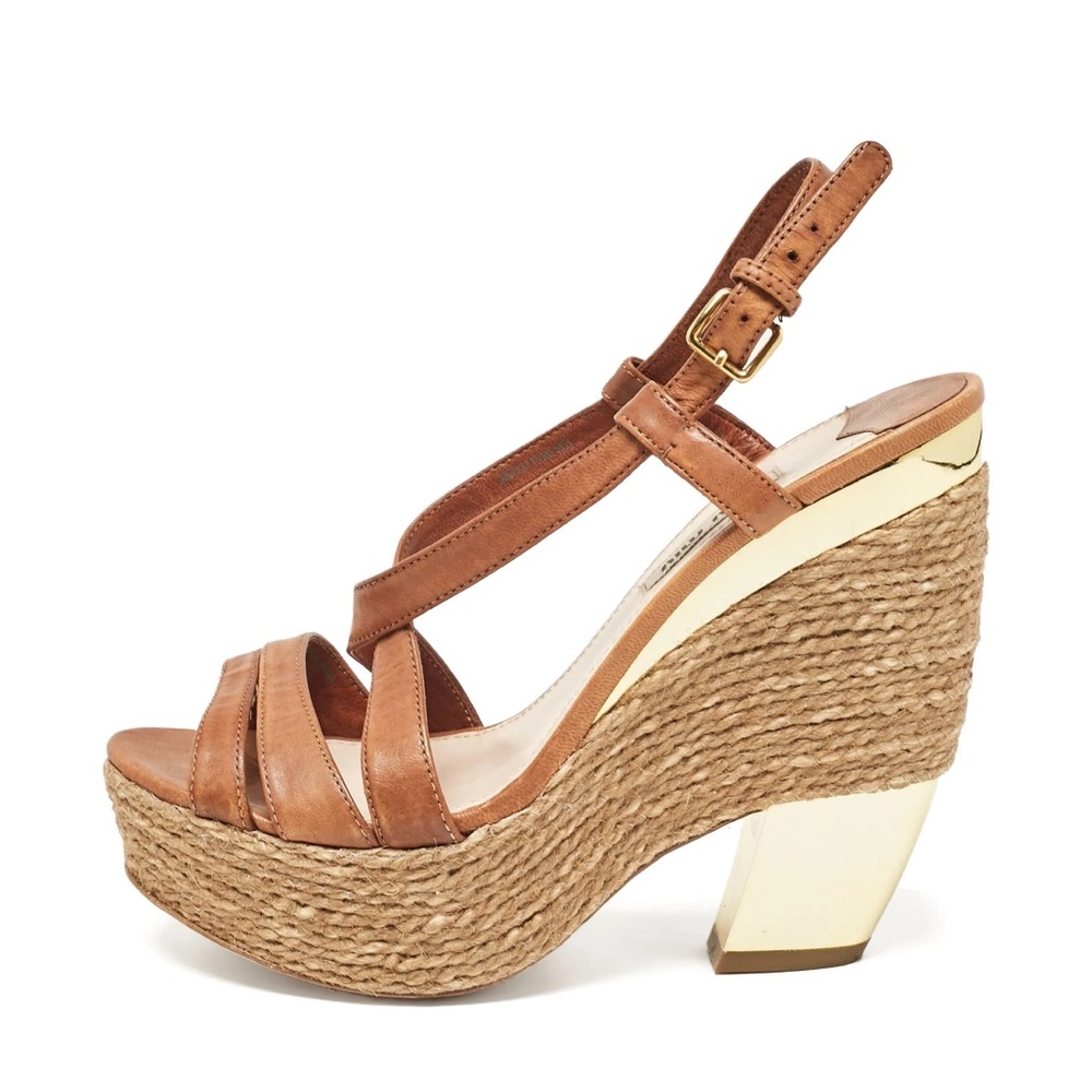 Miu Miu Tan and Gold Wedge Sandals